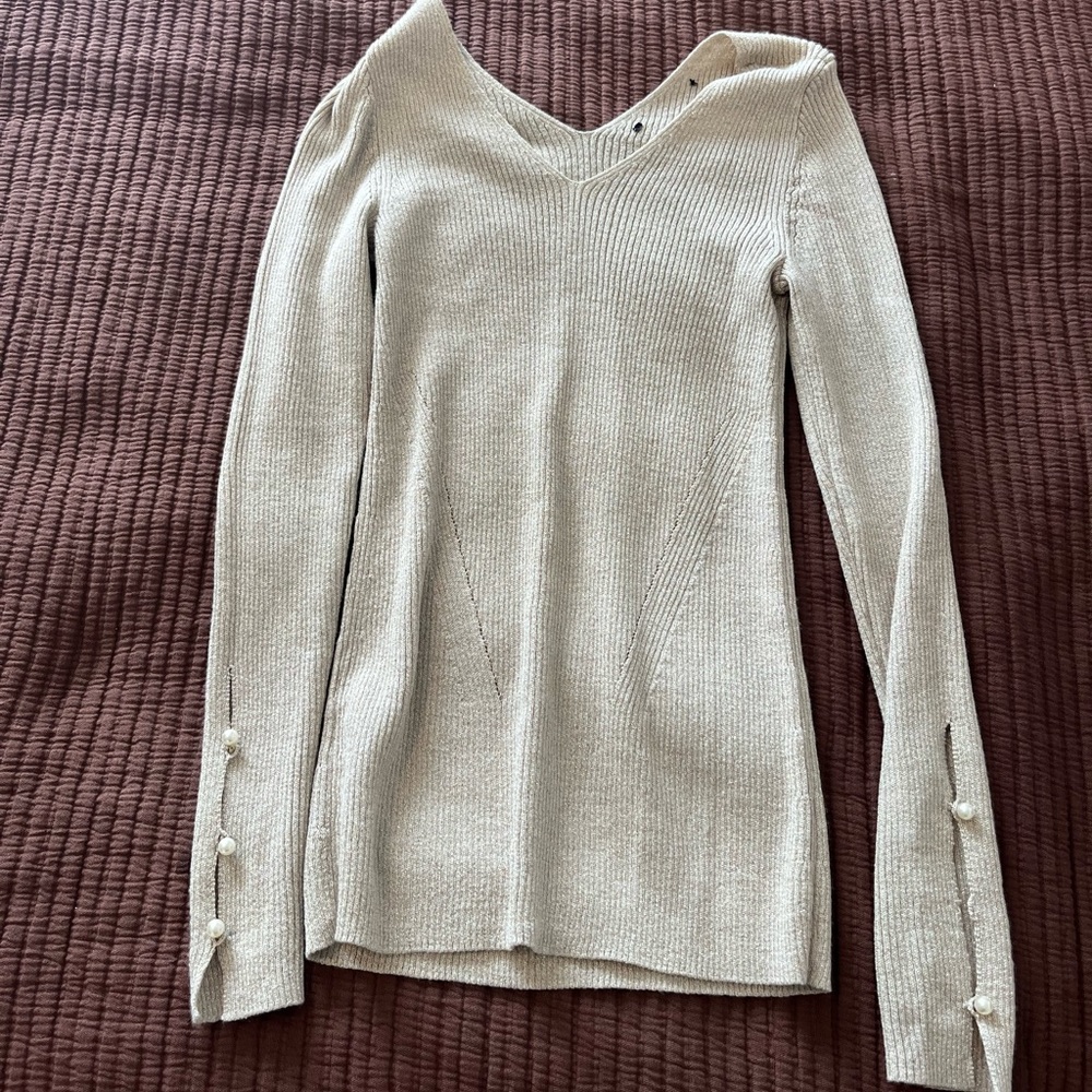 Gold Tan V-neck Ribbed Long-sleeve Top with Pearls on Sleeve
